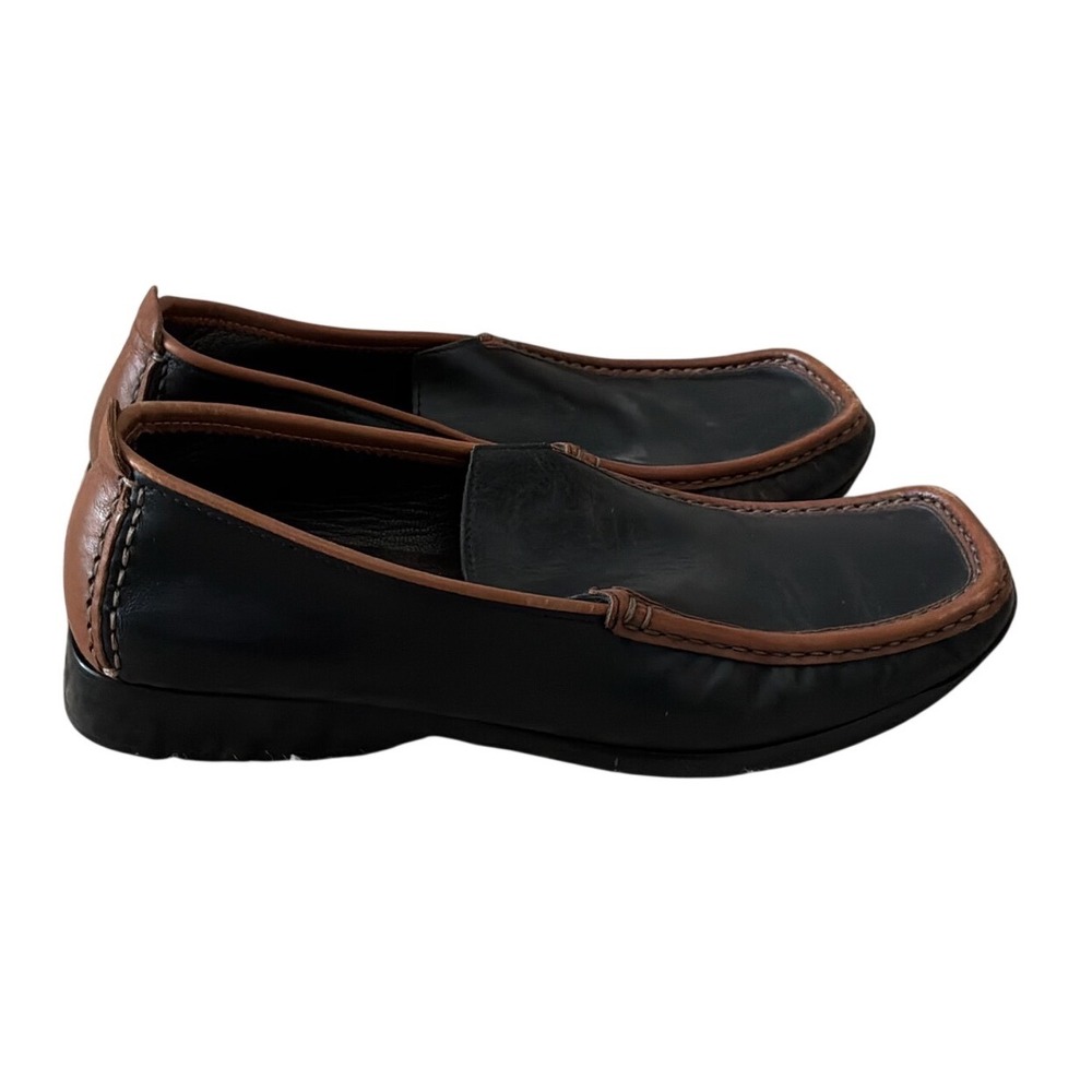 F. by‎ Faconnable Black Brown Leather Loafers Square Moc Toe Shoes Size 37
